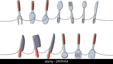 Ustensiles de cuisine une ligne de dessin continu coloré. Spatule de cuisine, cuillère, couteau, fourchette, coupe-pizza de roue, illustration d'une ligne du fouet de cuisson. Illustration de Vecteur