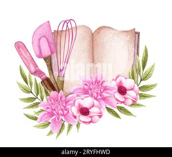 Illustration aquarelle de cuisson avec des ustensiles de cuisine, livre de cuisine, punaise de vote, fouet, cuillère avec des fleurs roses. Coo dessiné à la main Banque D'Images