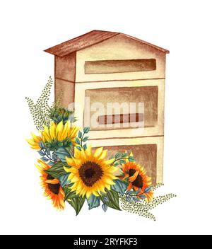 Maison d'abeille de miel d'aquarelle. Ruche, panier en osier de bobines d'herbe ou de paille. illustration de peinture dessinée à la main isolée sur whit Banque D'Images