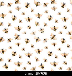 Motif sans couture de miel d'aquarelle avec abeille. Fond de repeten dessiné à la main avec des abeilles mellifères sur blanc Banque D'Images