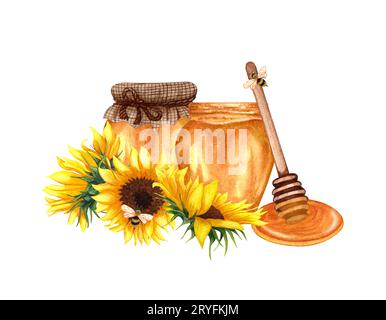 Aquarelle miel sain dans des bocaux en verre, fleurs de tournesol et godet à miel en bois. Illustration d'aliments biologiques dessinés à la main. Banque D'Images