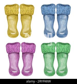 Collection de bottes en caoutchouc aquarelle. Bottes de pluie enfant imprimé famille. Isolé sur blanc. automne, concept d'automne Banque D'Images