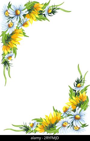 Couronne florale aquarelle avec tournesols, camomilles, feuilles, feuillage, branches, feuilles de fougère et place pour votre texte. Parfait pour Banque D'Images