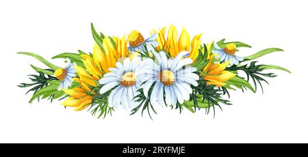 Couronne florale aquarelle avec tournesols et fleurs de camomille, feuilles, feuillage, branches, feuilles de fougère et place pour le texte. Perfec Banque D'Images