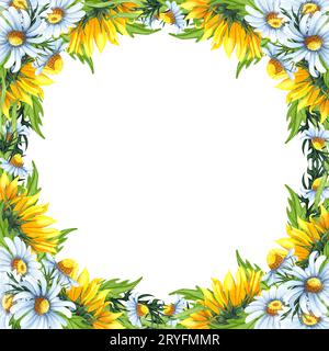 Couronne florale aquarelle avec tournesols, camomilles, feuilles, feuillage, branches, feuilles de fougère et place pour votre texte. Parfait pour Banque D'Images