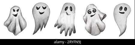 Des fantômes aquarelle, des fantômes gris effrayants différents pour une fête d'Halloween heureuse Banque D'Images