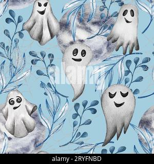 Motif d'Halloween aquarelle sans coutures avec fantôme, lune, boo. Banque D'Images