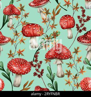 Peinture naturelle à motif sans couture à l'aquarelle. Fond de champignon rouge poison d'automne. Illustration de champignon rouge dessinée à la main. Tissu pa Banque D'Images