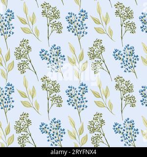 Motif sans couture floral aquarelle avec des fleurs et des feuilles. Brindilles séchées illustration dessinée à la main Banque D'Images