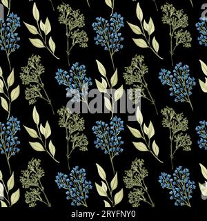 Motif sans couture floral aquarelle avec des fleurs et des feuilles. Brindilles séchées illustration dessinée à la main Banque D'Images