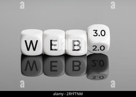 Passage du concept web 2,0 au concept web 3,0. Blocs blancs avec texte Banque D'Images