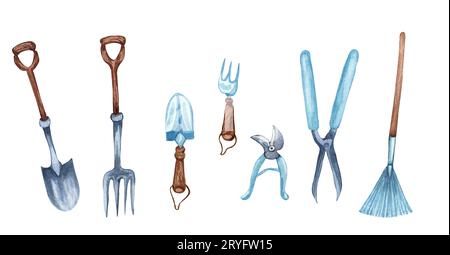 Jeu d'objets de jardin à l'aquarelle.Outils de jardinage.Illustration jardin de printemps. Banque D'Images