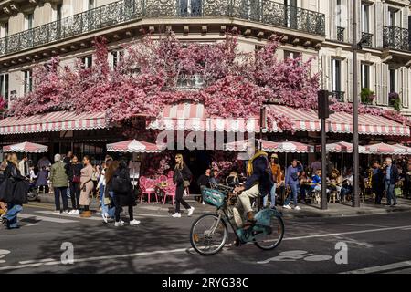FRANCE. PARIS (75) (4E ARRONDISSEMENT) LE RESTAURANT 'LA FAVORITE', ET SA FAÇADE À LA DÉCORATION FLORALE, 4, RUE RIVOLI Banque D'Images