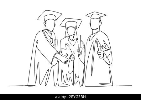 Groupe de dessin continu d'une ligne de jeunes diplômés heureux homme et femme étudiant en robe, donnant des pouces vers le haut geste. Concept d'éducation. S Banque D'Images