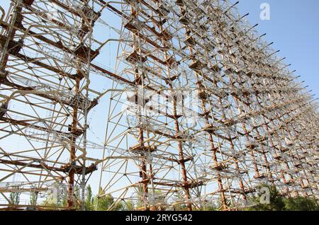 Radar secret Duga dans la zone d'exclusion de Tchernobyl, Ukraine Banque D'Images