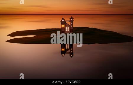 Une maison de conte de fées sur une île dans l'océan au coucher du soleil. Banque D'Images