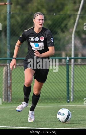 Zulte, Belgique. 30 septembre 2023. Marie Bougard (10 ans) de Woluwe photographiée lors d'un match de football féminin entre SV Zulte - Waregem et White Star Woluwe lors de la cinquième journée de la saison 2023 - 2024 de la Super League Belge Lotto Womens, le dimanche 30 septembre 2023 à Zulte, BELGIQUE . Crédit : Sportpix/Alamy Live News Banque D'Images