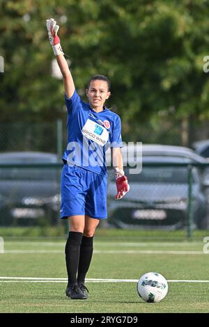 Zulte, Belgique. 30 septembre 2023. La gardienne Sofie Tans (29) de Woluwe photographiée lors d'un match de football féminin entre SV Zulte - Waregem et White Star Woluwe lors de la cinquième journée de la saison 2023 - 2024 de la Super League Belge Lotto Womens, le dimanche 30 septembre 2023 à Zulte, BELGIQUE . Crédit : Sportpix/Alamy Live News Banque D'Images