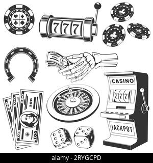 Vintage Casino et outils de jeu et éléments silhouettes dans un style monochrome isolé. Vecteur. L'ensemble comprend un squelette tenant un dollar Illustration de Vecteur