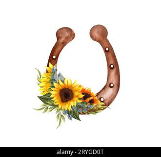 Bouquet de tournesol aquarelle. Jeu de cowboy, fer à cheval et tournesols. Ferme rustique avec clipart isolée sur fond blanc Banque D'Images