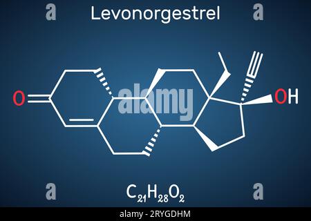 Molécule progestative de lévonorgestrel. C'est un progestatif synthétique, contraceptif. Formule chimique structurale et modèle moléculaire Illustration de Vecteur