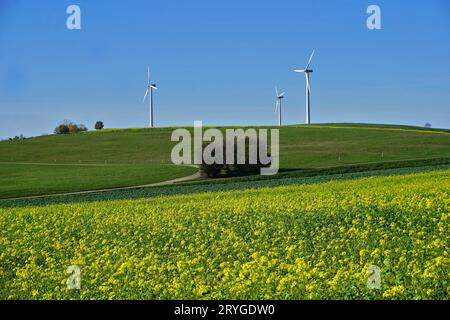 Éoliennes sur le Himmelberg près de Burladingen-Melchingen, Jura souabe ; Allemagne; Banque D'Images