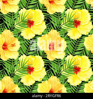 Aquarelle sans couture motif floral tropical. Hibiscus jaune et feuilles de palmier sur fond noir. Aquarelle dessinée à la main sans couture Banque D'Images