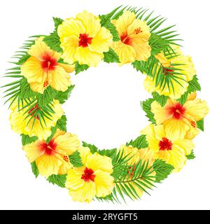 Cadre rond aquarelle avec fleurs d'hibiscus jaunes. Bordure florale dessinée à la main avec des fleurs tropicales et des feuilles. Invités de mariage Banque D'Images