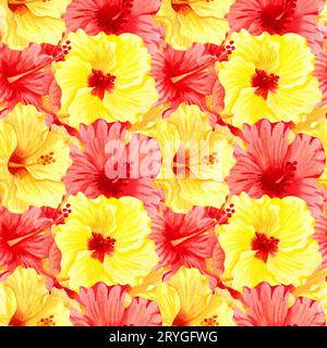 Aquarelle sans couture motif floral tropical. Grosses fleurs d'hibiscus jaunes et rouges. Motif sans couture aquarelle dessiné à la main avec co Banque D'Images