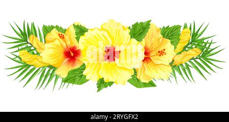 Composition d'aquarelle avec des fleurs jaunes d'hibiscus. Bordure florale dessinée à la main avec des fleurs tropicales et des feuilles. Invités de mariage Banque D'Images