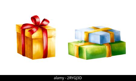 Ensemble aquarelle d'illustration de cadeaux de noël. Boîte de cadeau d'or de nouvel an avec arc rouge et boîtes de cadeau avec bowes d'or isolé sur fond blanc. Banque D'Images