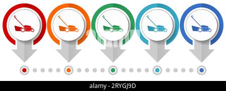 Ensemble d'icônes vectorielles de tondeuse à gazon, modèle infographique de conception plate, définir des icônes de concept de pointeur dans 5 options de couleur pour le webdesign et les applications mobiles Illustration de Vecteur