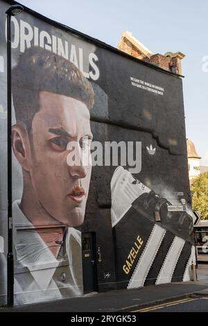 Peinture murale Sam Fender de l'artiste aérosol Jody Thomas, Adidas Originals, et montrant le toit et l'emplacement de la ville, Newcastle upon Tyne, Royaume-Uni Banque D'Images