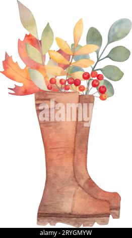 Composition d'automne avec bottes en caoutchouc, rowan et feuilles. Aquarelle botanique saisonnière illustration.Thanksgiving. Dessin à la main Illustration de Vecteur