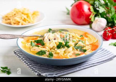 Soupe poulet et nouilles faites maison. Banque D'Images