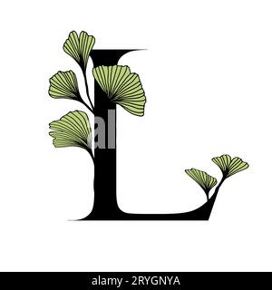 Ginkgo biloba feuilles alphabet L. Badge et icône dans un style linéaire dessiné à la main tendance. Vector logo Emblem lettre et branche de ginkgo. Illustration pour cosm Illustration de Vecteur