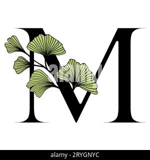 Ginkgo biloba feuilles alphabet M. badge et icône dans un style linéaire dessiné à la main à la mode. Vector logo Emblem lettre et branche de ginkgo. Illustration pour cosme Illustration de Vecteur