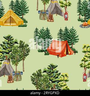 Motif sans couture de forêt. Nature sauvage. Fond aquarelle de camping sans couture idéal pour les cartes, invitations, fête, bannières, bébé Banque D'Images