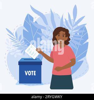 Femme noire mettant vote dans les urnes. Concept électoral. Illustration de Vecteur