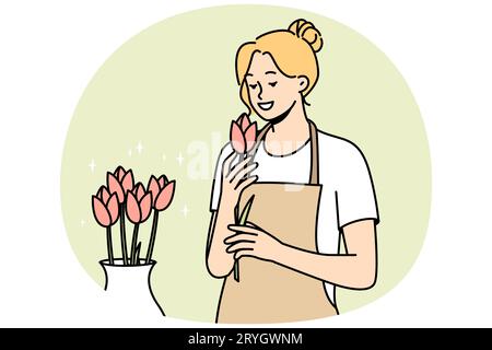 Femme souriante en tablier avec fleurs en magasin. Bonne fleuriste femelle travaillant avec la composition de roses dans la boutique florale. Illustration vectorielle. Illustration de Vecteur