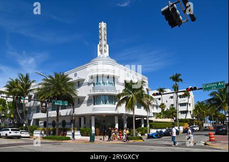 ÉTATS-UNIS. FLORIDE. MIAMI. L'HÔTEL ESSEX HOUSE, L'UN DES BÂTIMENTS ART DÉCO LES PLUS CÉLÈBRES DE COLLINS AVENUE. Banque D'Images