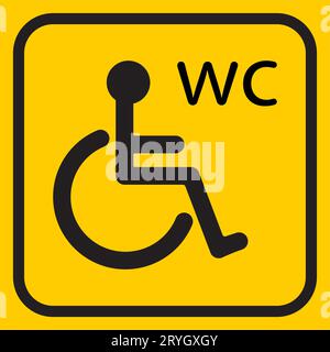 Icône de toilette désactivée sur fond jaune. Pictogramme de soins aux personnes handicapées, panneau de toilettes publiques pour personnes handicapées, fauteuil handicapés toilettes pour personnes, handicap in Illustration de Vecteur