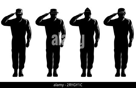 American Soldier Military Serviceman personnel Silhouette saluant Silhouette Full Body Isolated Retro Banque D'Images