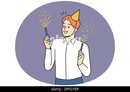 Jeune homme souriant en chapeau d'anniversaire tenant des fêteurs de fête. Les hommes d'affaires heureux ont du plaisir profiter des feux d'artifice à la fête. Illustration vectorielle. Illustration de Vecteur