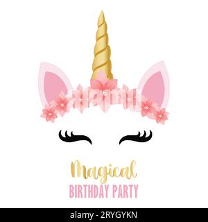 Invitation fête d'anniversaire avec licorne et fleurs. Idéal pour badge, carte, voeux, fête d'anniversaire de bébé, t-shirt, bannière, modèle d'invitation. Isolat Illustration de Vecteur