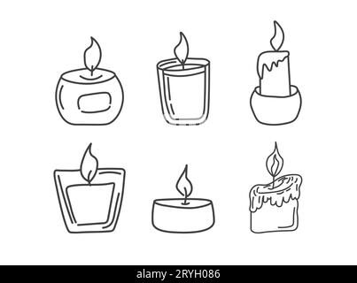 Ensemble de bougies dessinées à la main. Doodle Candles. Bougies aromatiques brûlantes dans des pots en verre doodle Illustration de Vecteur