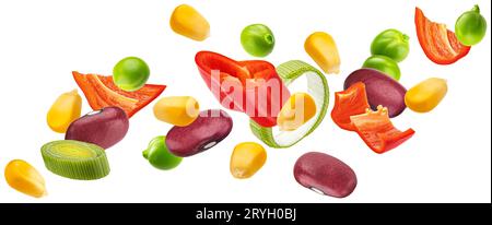Salade de maïs mexicaine tombant isolée sur fond blanc Banque D'Images