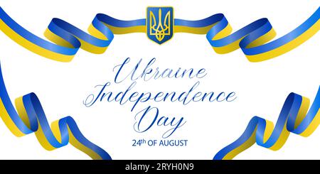 Jour de l'indépendance de l'Ukraine bannière illustration vectorielle. Drapeau agitant avec le symbole national de l'Ukraine Illustration de Vecteur