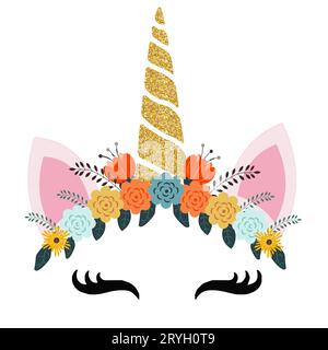 Logo licorne avec corne, oreilles et fleurs. Idéal pour badge, carte, voeux, fête d'anniversaire de bébé, t-shirt, bannière, modèle d'invitation. Isolé sur whit Illustration de Vecteur