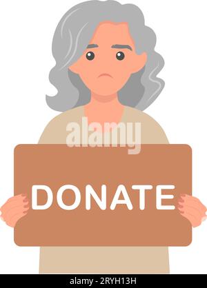 Don et concept de charité. Femme bénévole âgée tenant dans les mains signe en carton Donate. Soutien aux sans-abri et aux pauvres. Illustration vectorielle Illustration de Vecteur